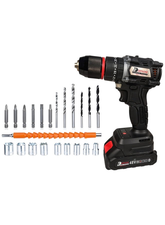 ديفاونز طقم مثقاب ومفك براغي لاسلكي بدون فرش من ديفاونز، 48 فولت، C007، 220-240 فولت، مع 23+3 إعدادات لعزم الدوران، تحكم متغير في السرعة، ضوء LED، مفتاح عكسي/أمامي، بطارية ليثيوم، طقم مثقاب مع رؤوس ومقابس، عمود مرن، حقيبة حمل - Image 1